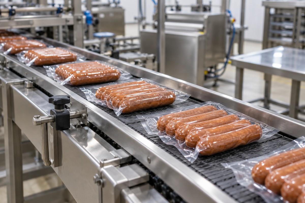 Sausage products on a food production conveyor Sausage products on a food production conveyor