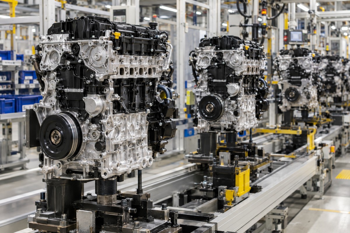 Automotive engines on an industrial assembly line