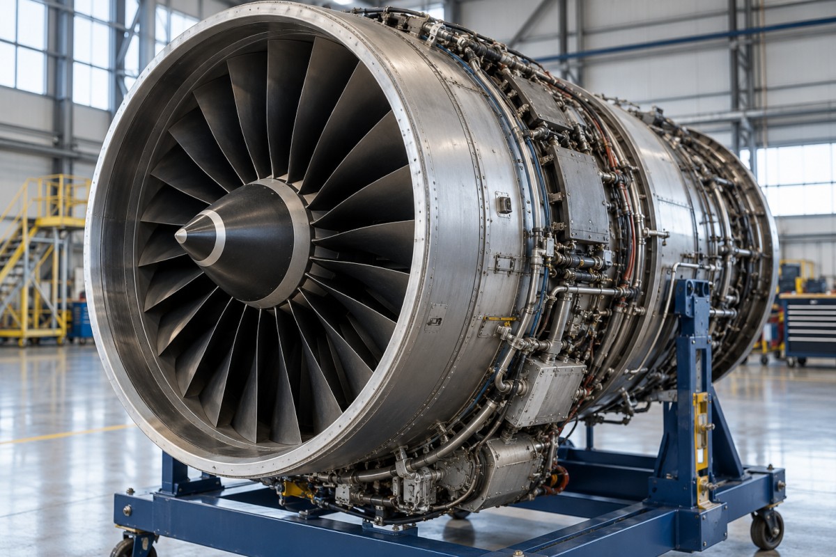 Aircraft engine equipment in a maintenance hangar