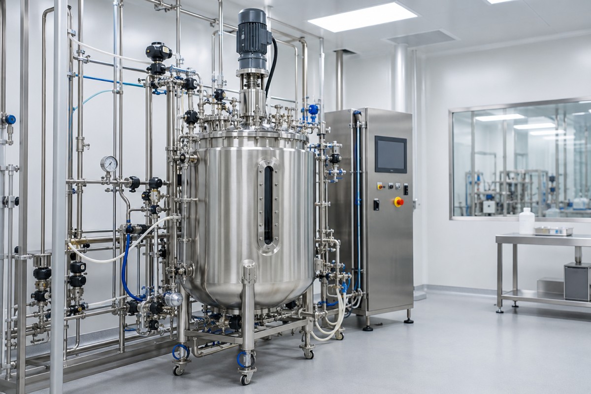 Bioreactor equipment inside a biologics cleanroom