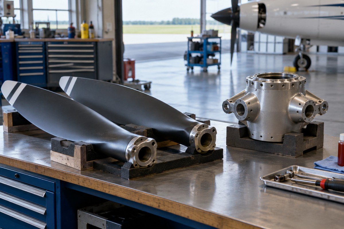 Aircraft propeller components in a maintenance workshop