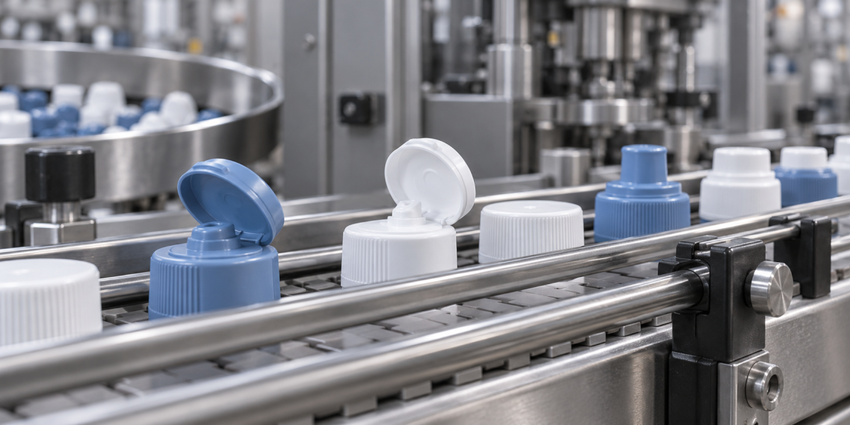 Plastic dispensing closures on a manufacturing conveyor Plastic dispensing closures on a manufacturing conveyor