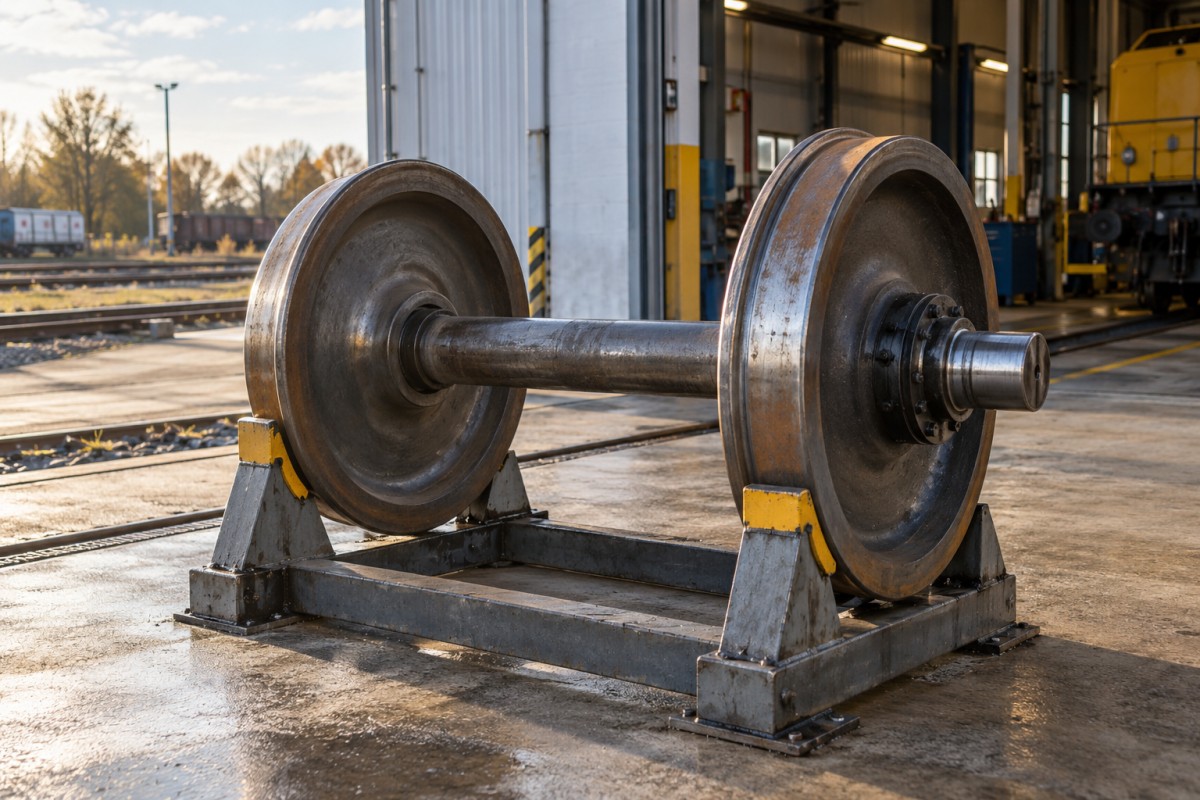 Rail wagon wheelset beside a maintenance bay