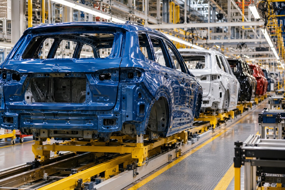 Painted vehicle bodies on an assembly line
