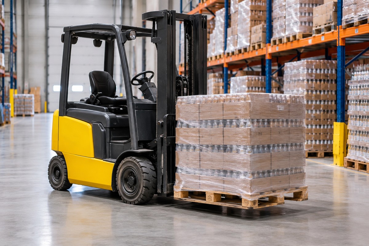 Electric forklift handling pallets in a beverage warehouse