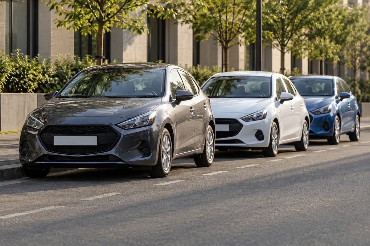 Shared cars parked along an urban street