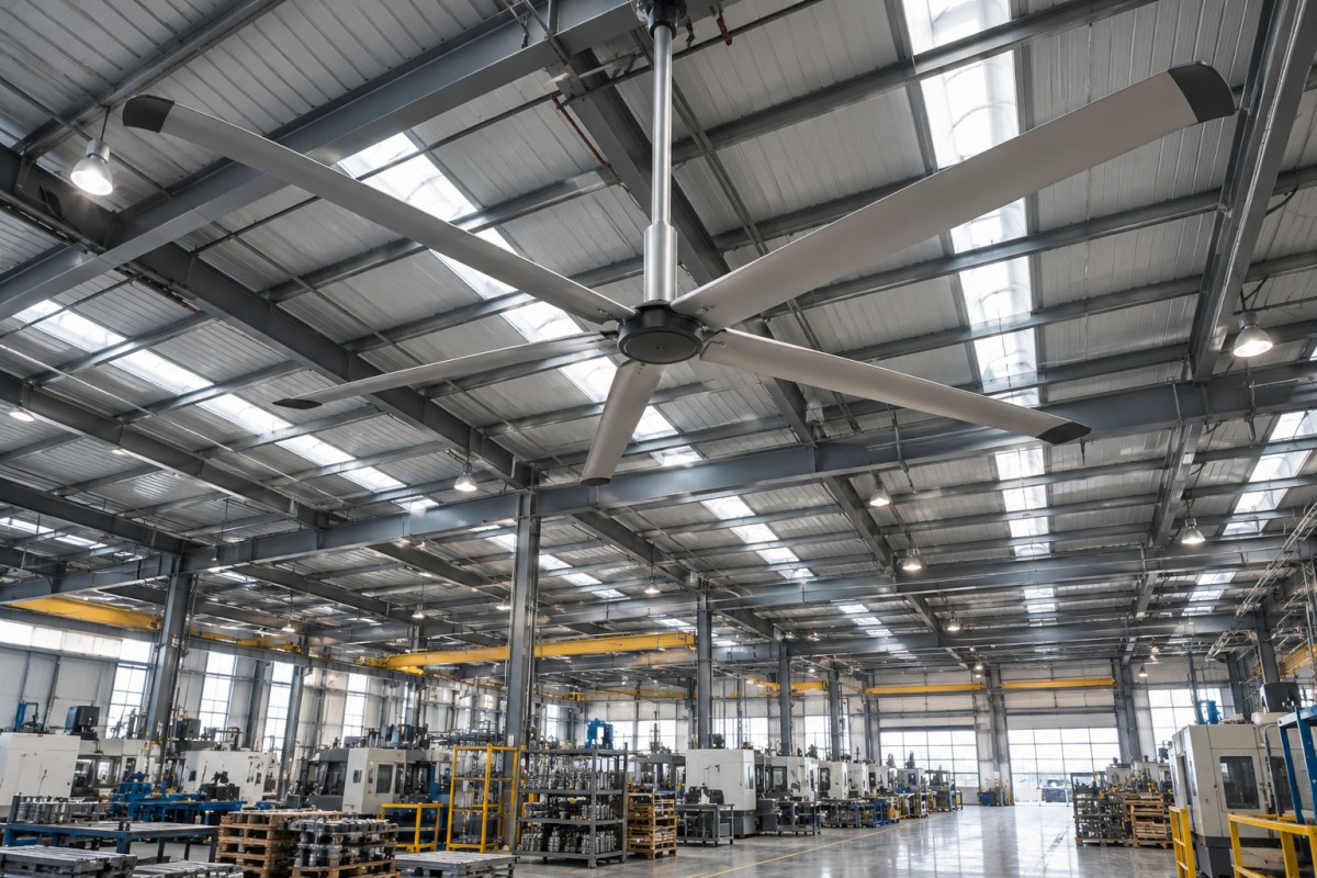Large ceiling fan above an industrial production floor