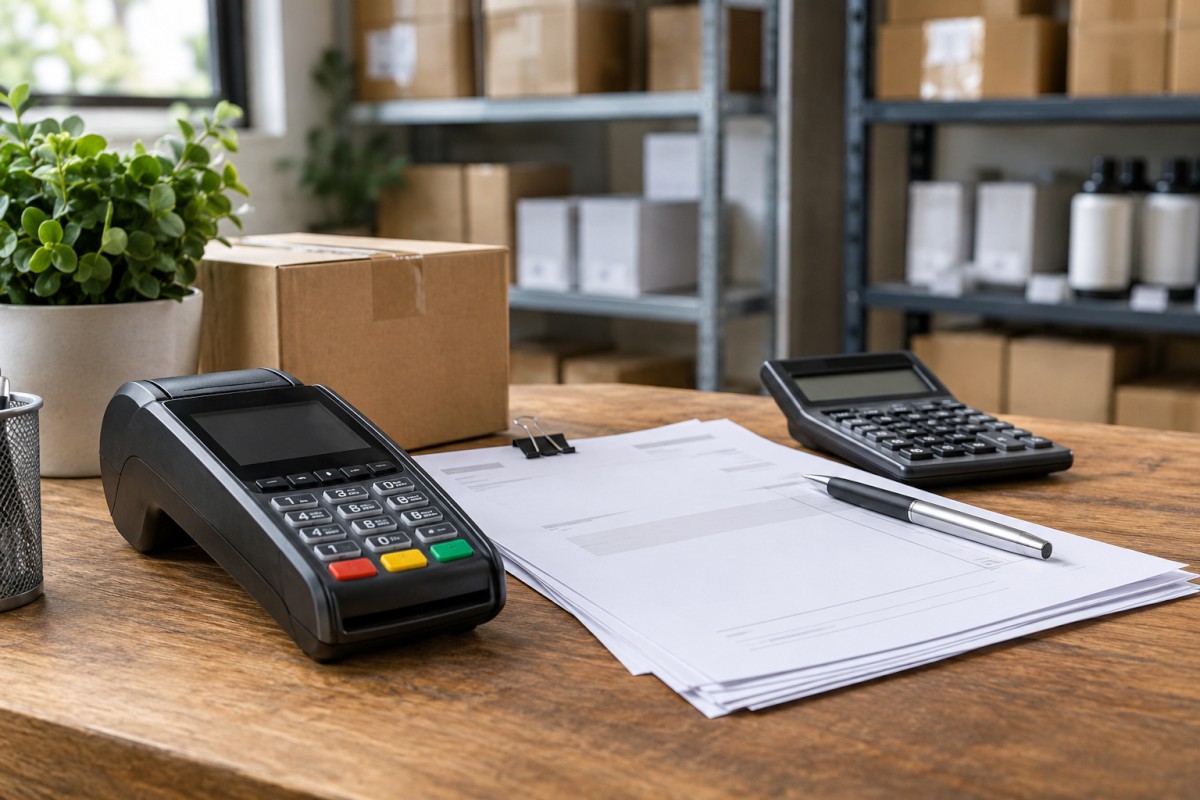 Invoice records beside a retail payment terminal