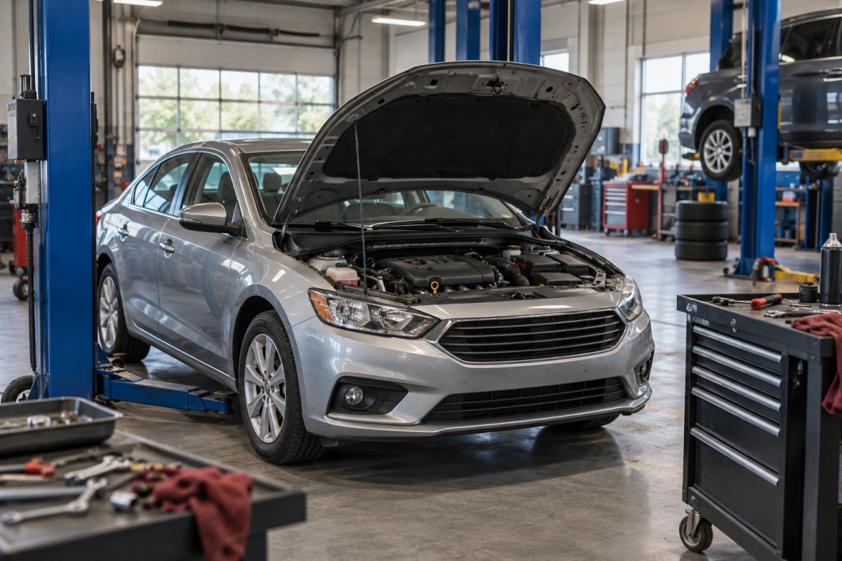 Passenger car inside a vehicle maintenance bay