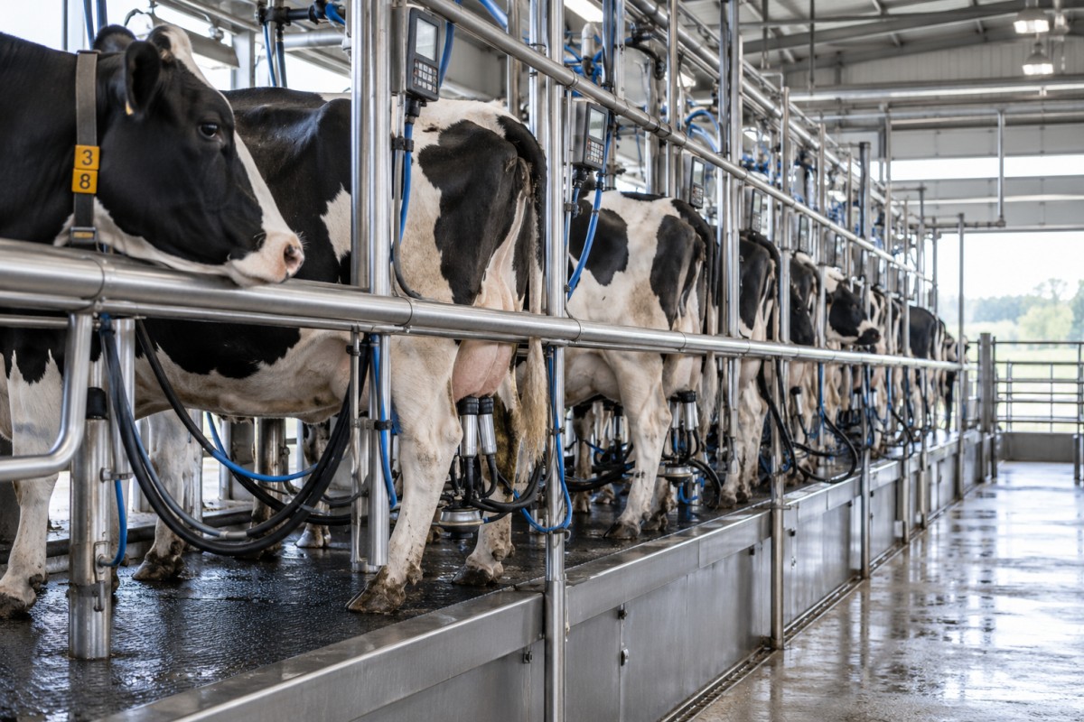 Dairy cattle in a modern milking parlour
