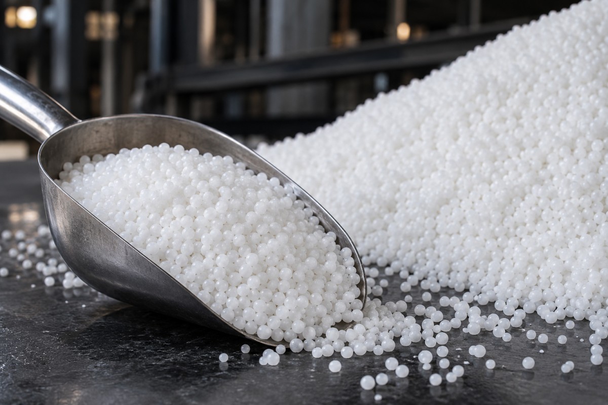 White fertilizer prills prepared for industrial handling