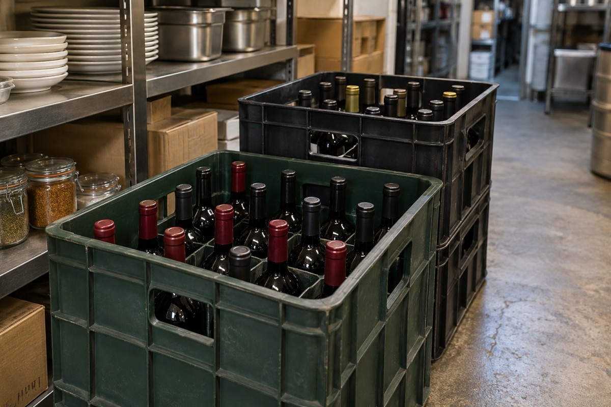 Wine bottles prepared for restaurant delivery