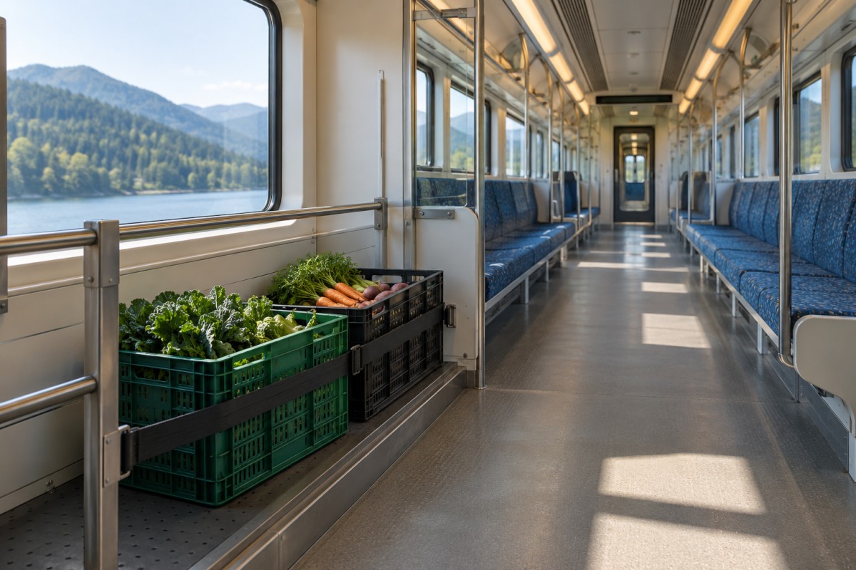 Produce crates beside passenger carriage seating