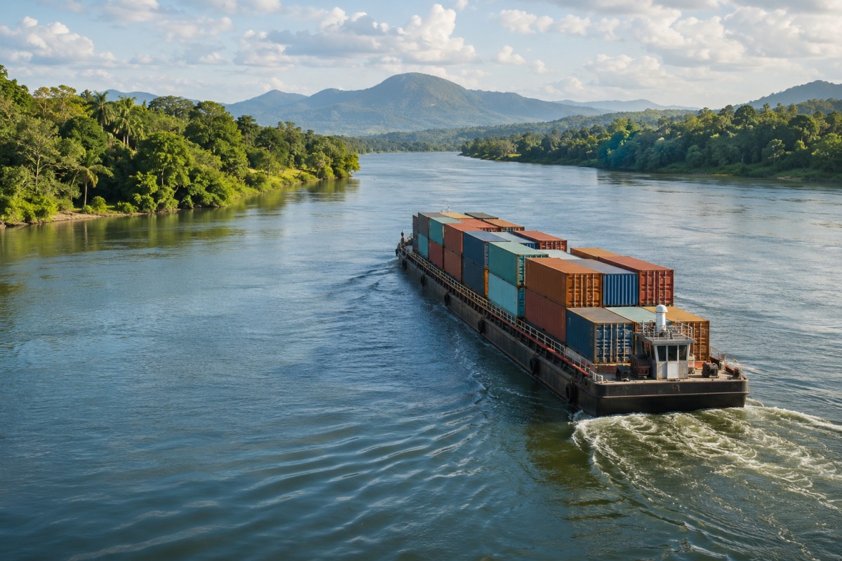 Container barge on a tropical river route