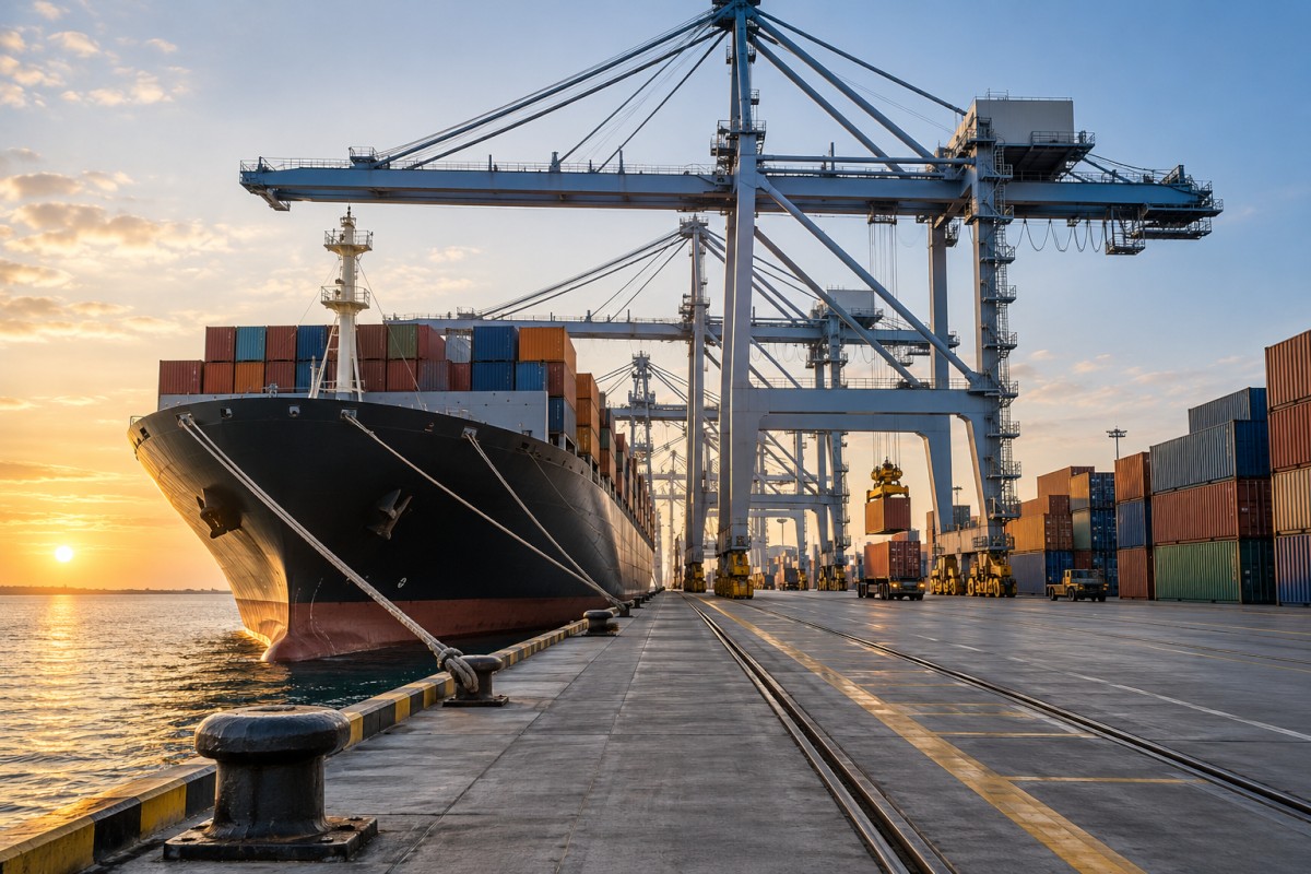 Container handling cranes beside a cargo quay