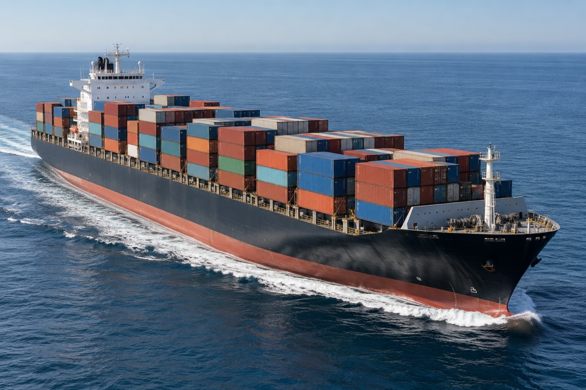 Container vessel travelling on an open sea route