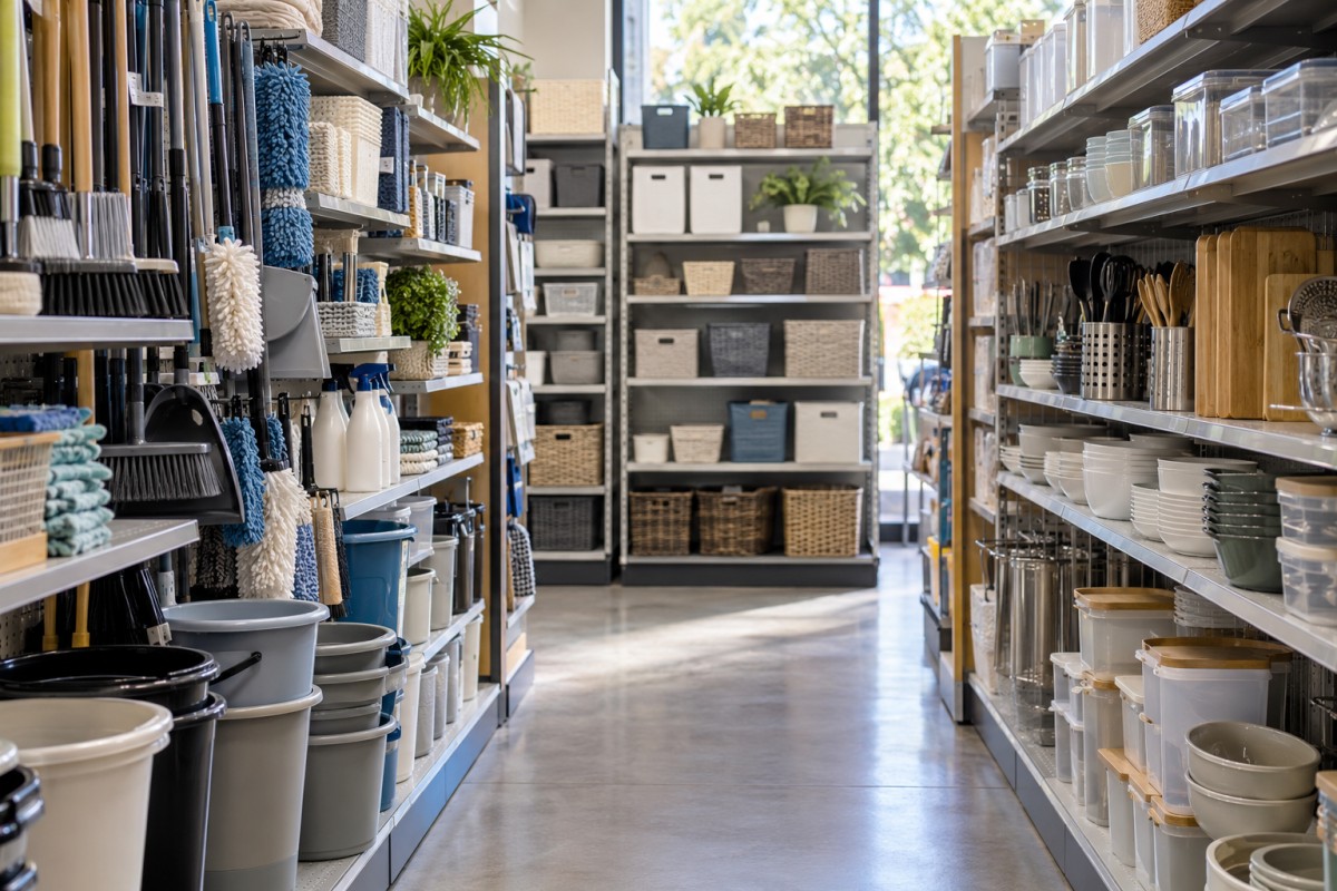 Household goods on discount retail shelves
