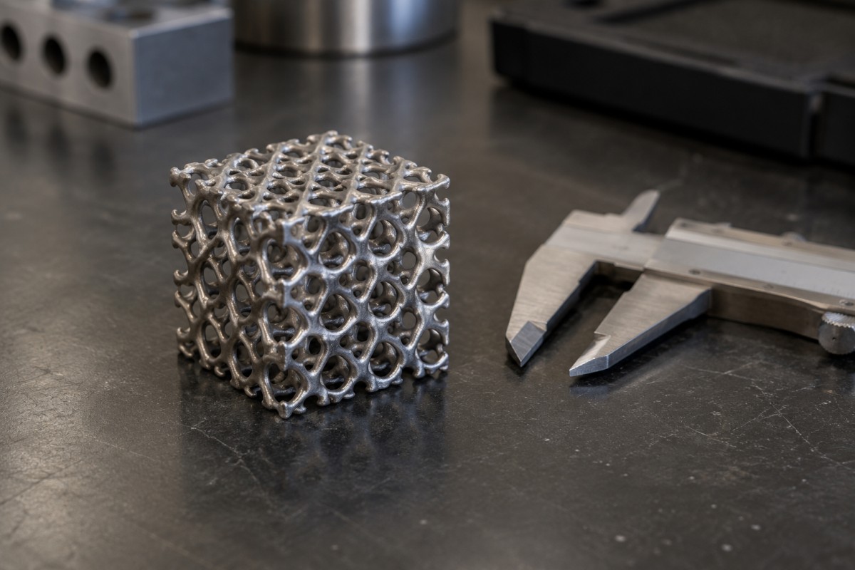 Metal lattice sample on a research bench