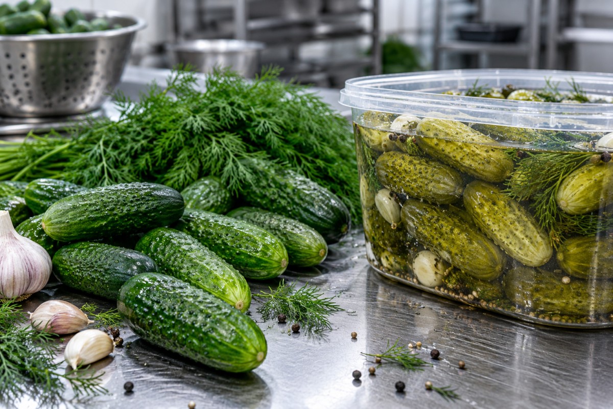 Cucumbers and dill prepared for pickle production