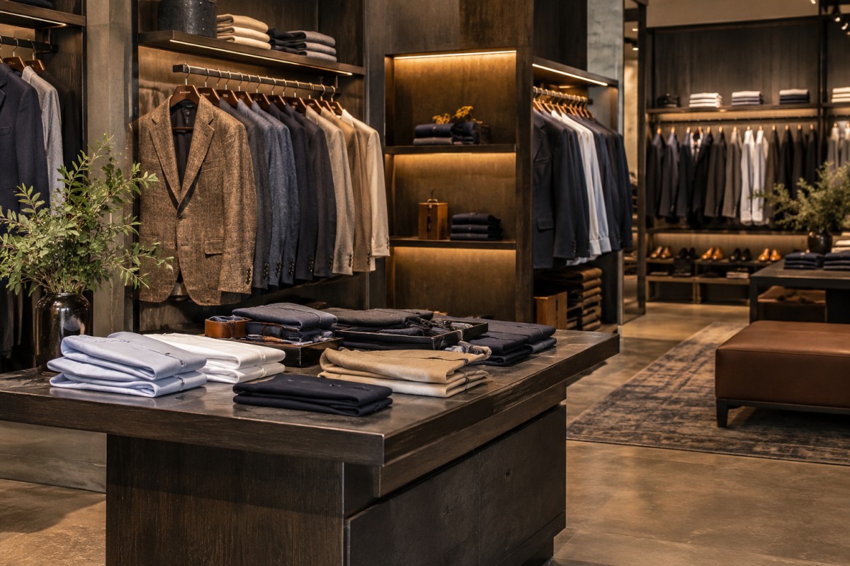 Menswear displays inside a clothing retail store