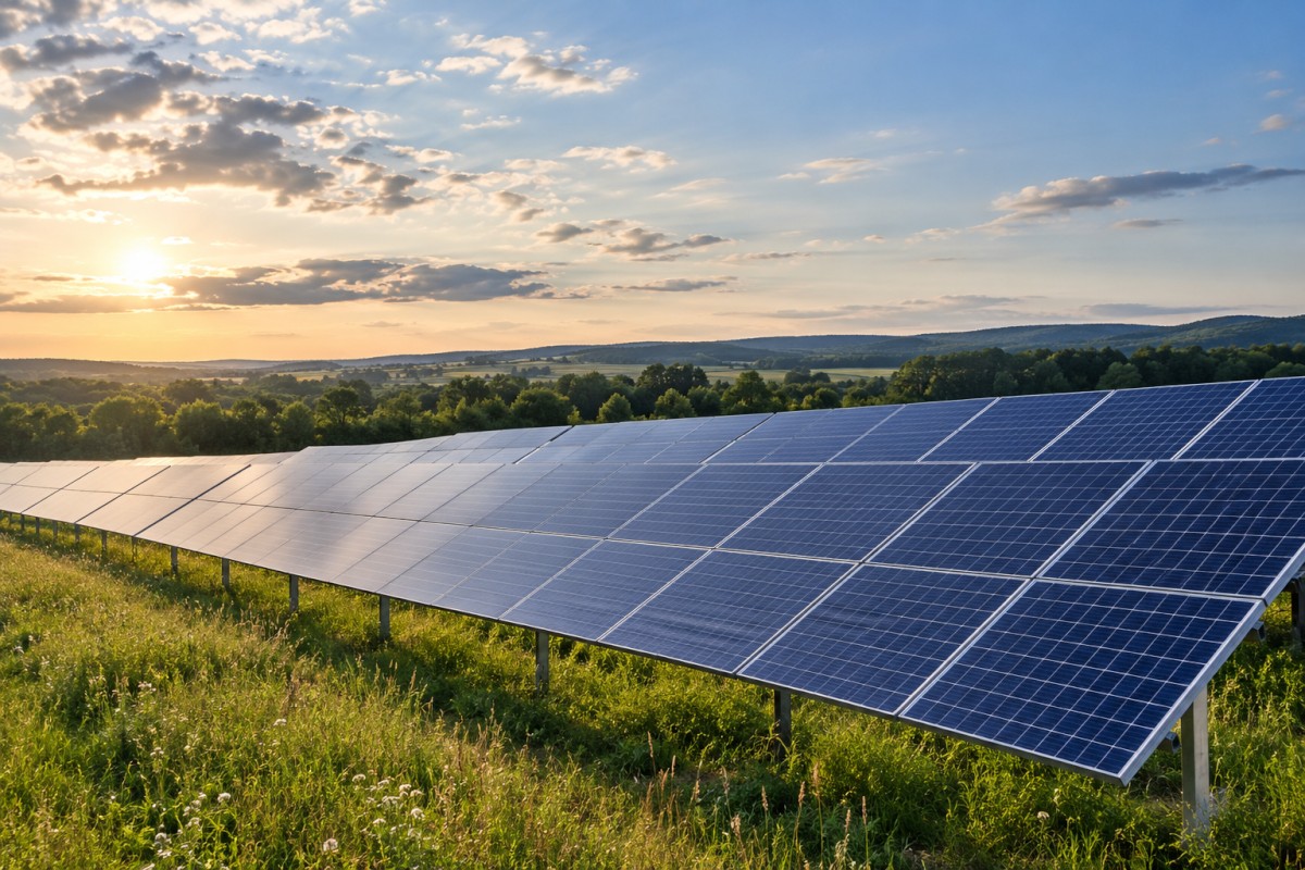 Solar photovoltaic panels across a rural field