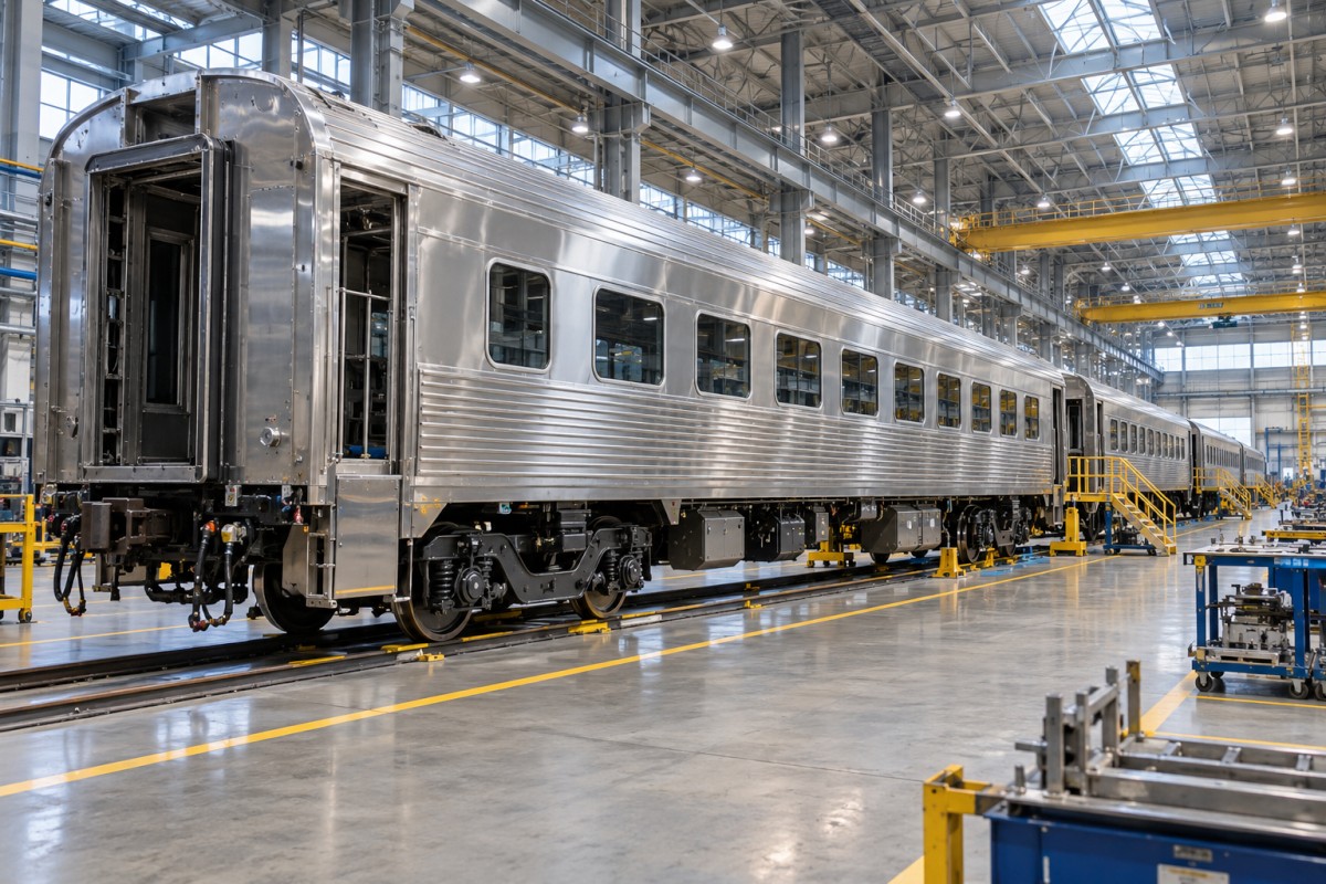 Passenger railcar bodies in a manufacturing hall