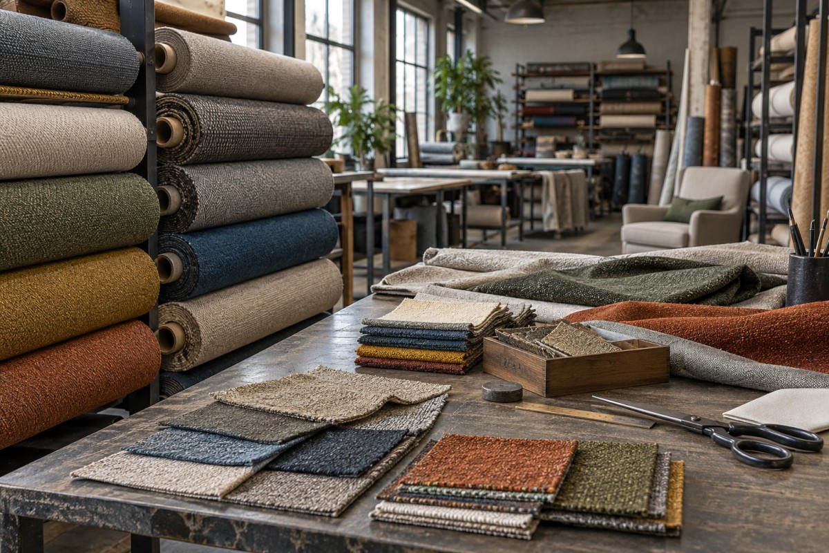 Upholstery fabric rolls in a manufacturing workshop