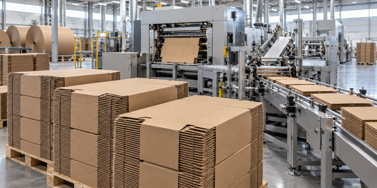 Paperboard cartons on a packaging production line Paperboard cartons on a packaging production line