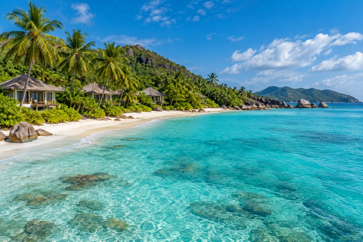 Tropical island coastline and visitor accommodation