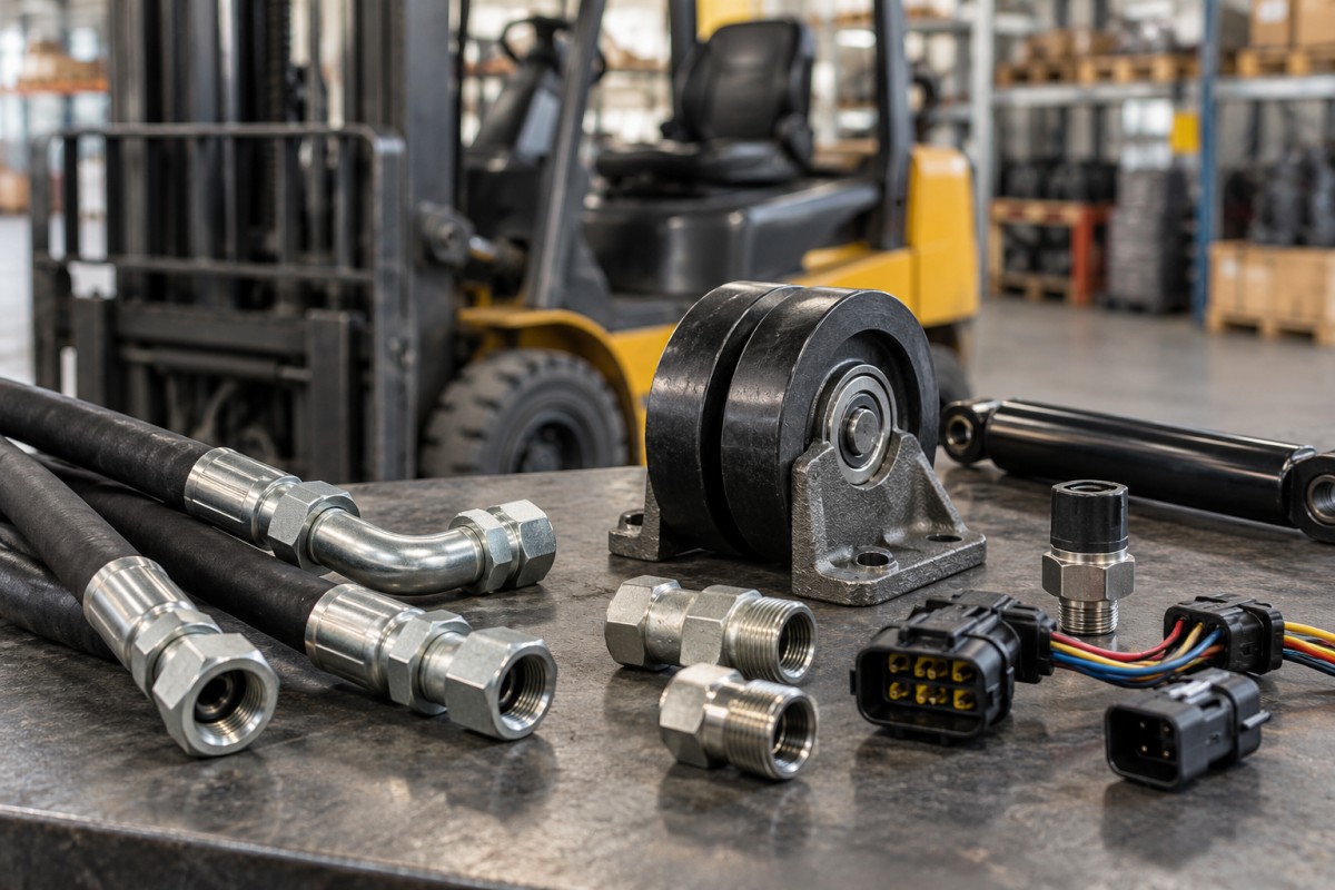 Forklift components prepared for parts inspection
