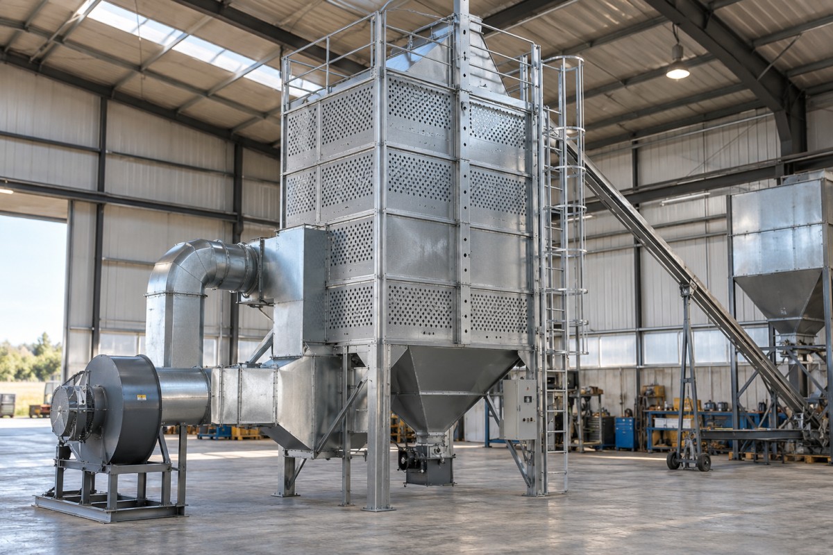 Grain drying equipment prepared in a manufacturing workshop