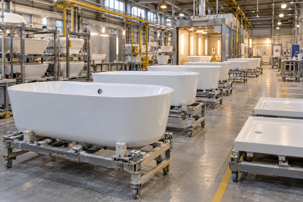 Bath and shower units on a manufacturing line