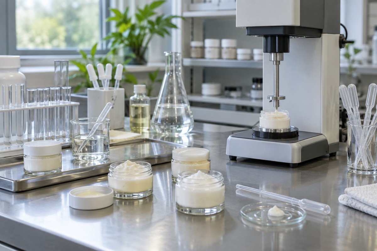 Cosmetic formulation samples in a testing laboratory