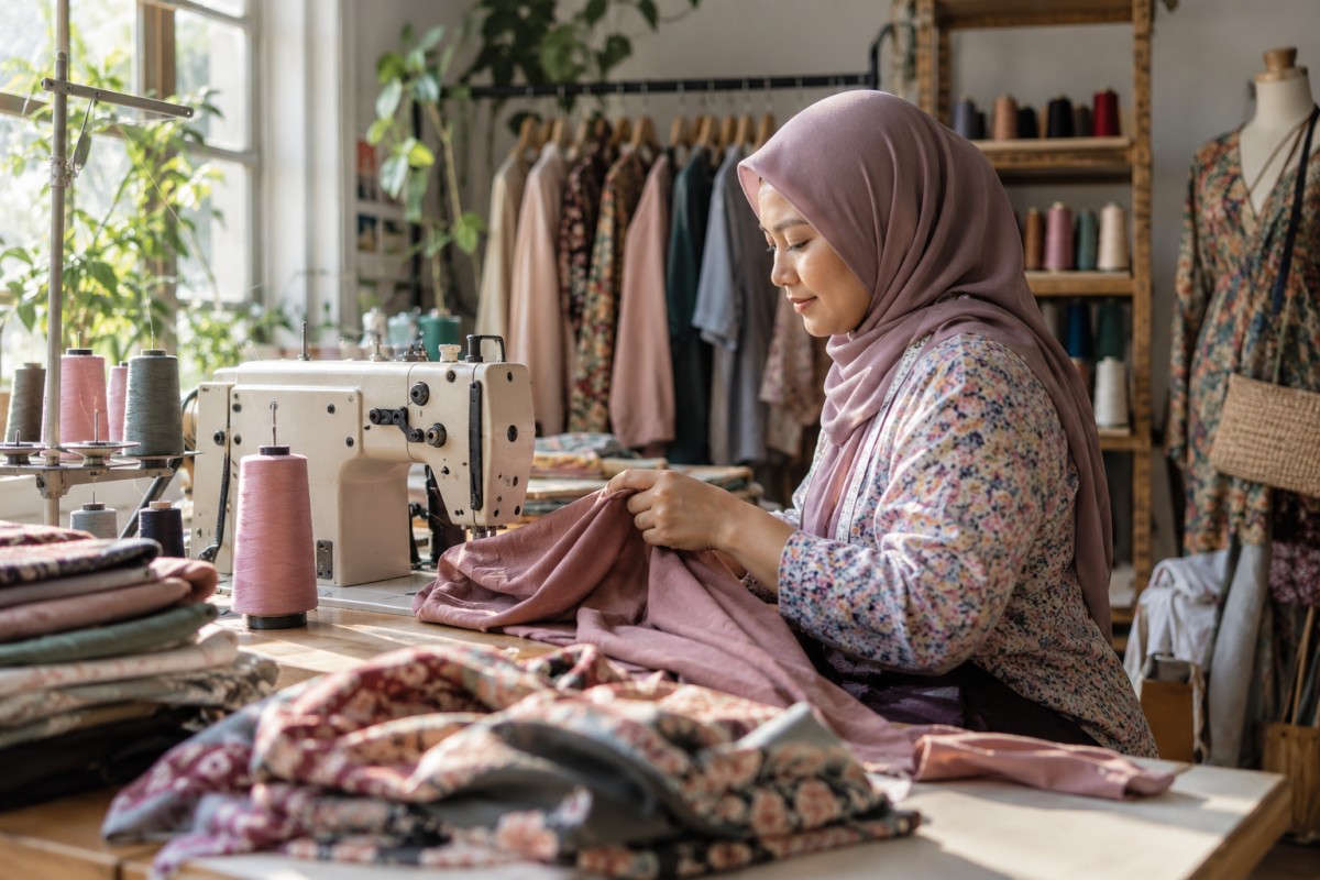 Woman business owner in a sewing workshop