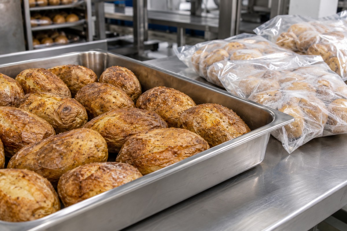Baked potatoes prepared for frozen food packaging