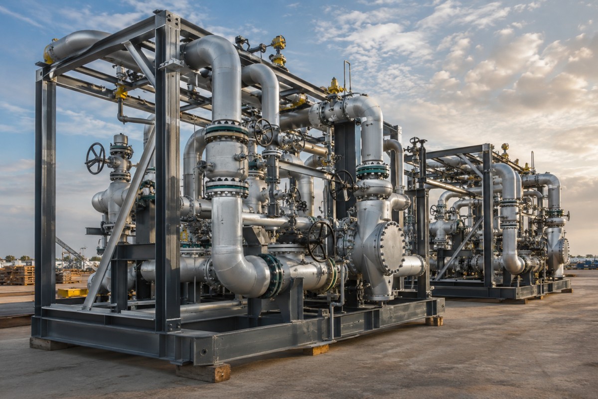Prefabricated process piping modules awaiting transport Prefabricated process piping modules awaiting transport