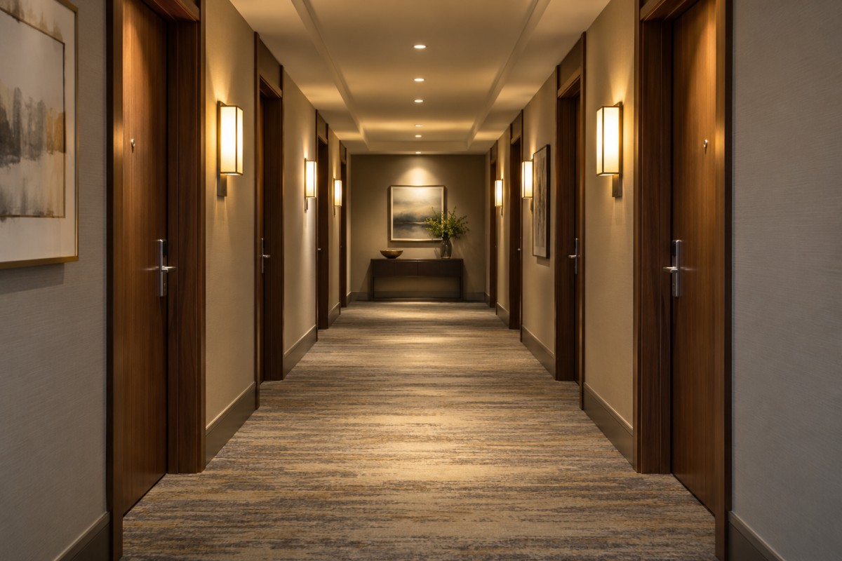 Hotel guestroom doors along an interior corridor Hotel guestroom doors along an interior corridor