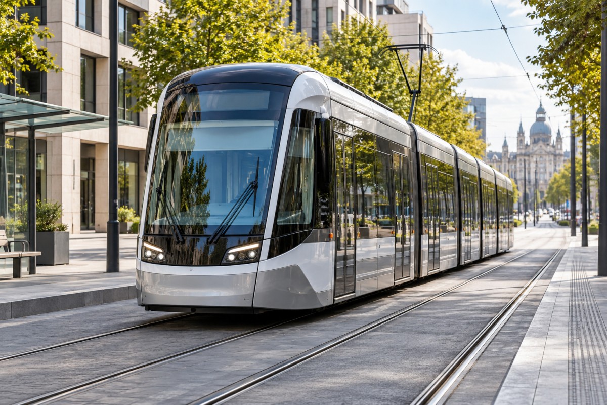 Modern tram on an urban street track