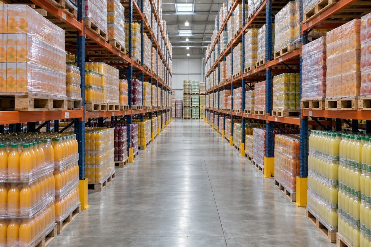 Packaged beverages stored in finished-goods warehouse racks