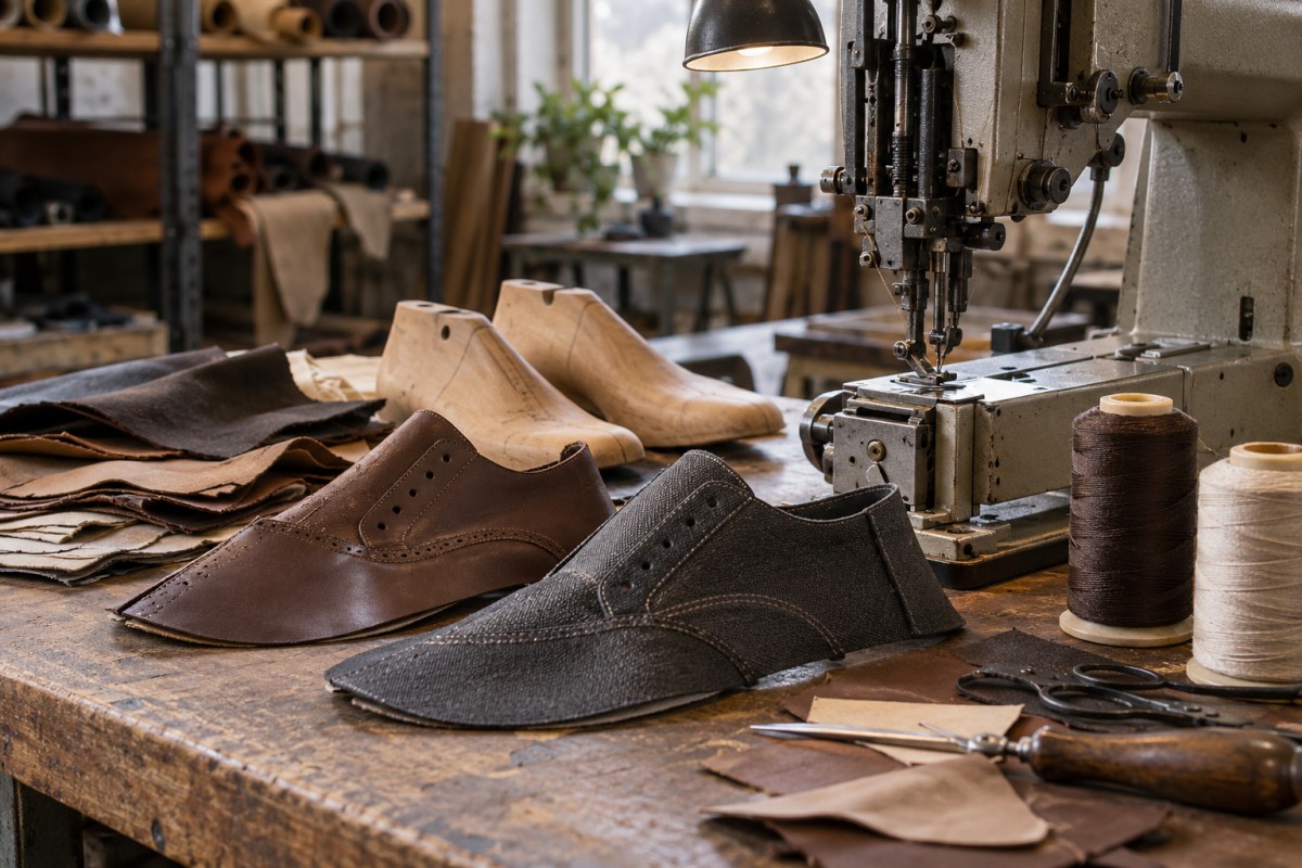 Footwear uppers beside a stitching machine
