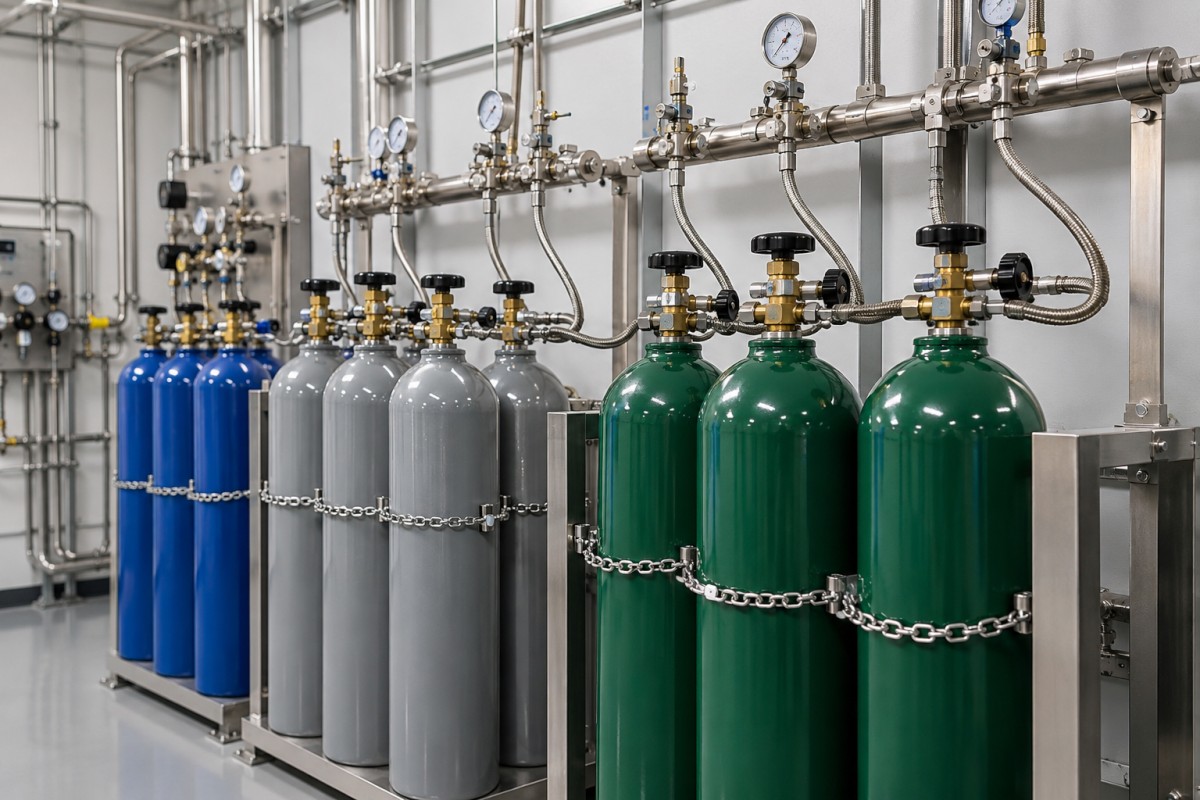 Specialty gas cylinders connected to industrial manifolds