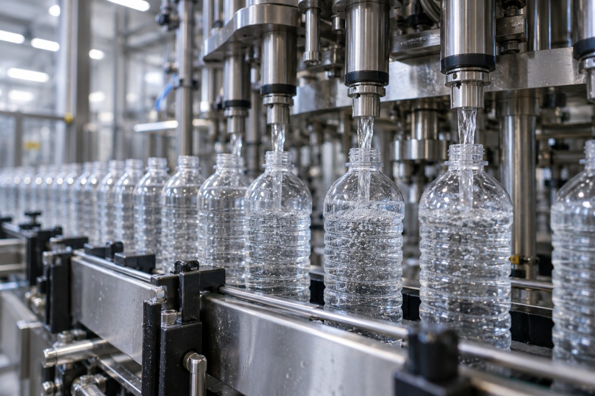 Water bottles moving through a filling line