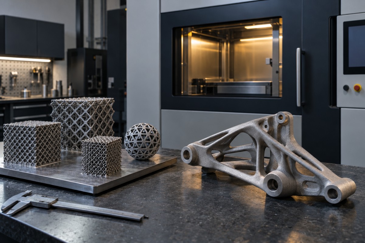 Metal additive manufacturing parts beside production equipment