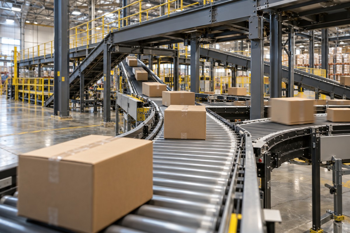 Parcels moving through a logistics sorting conveyor