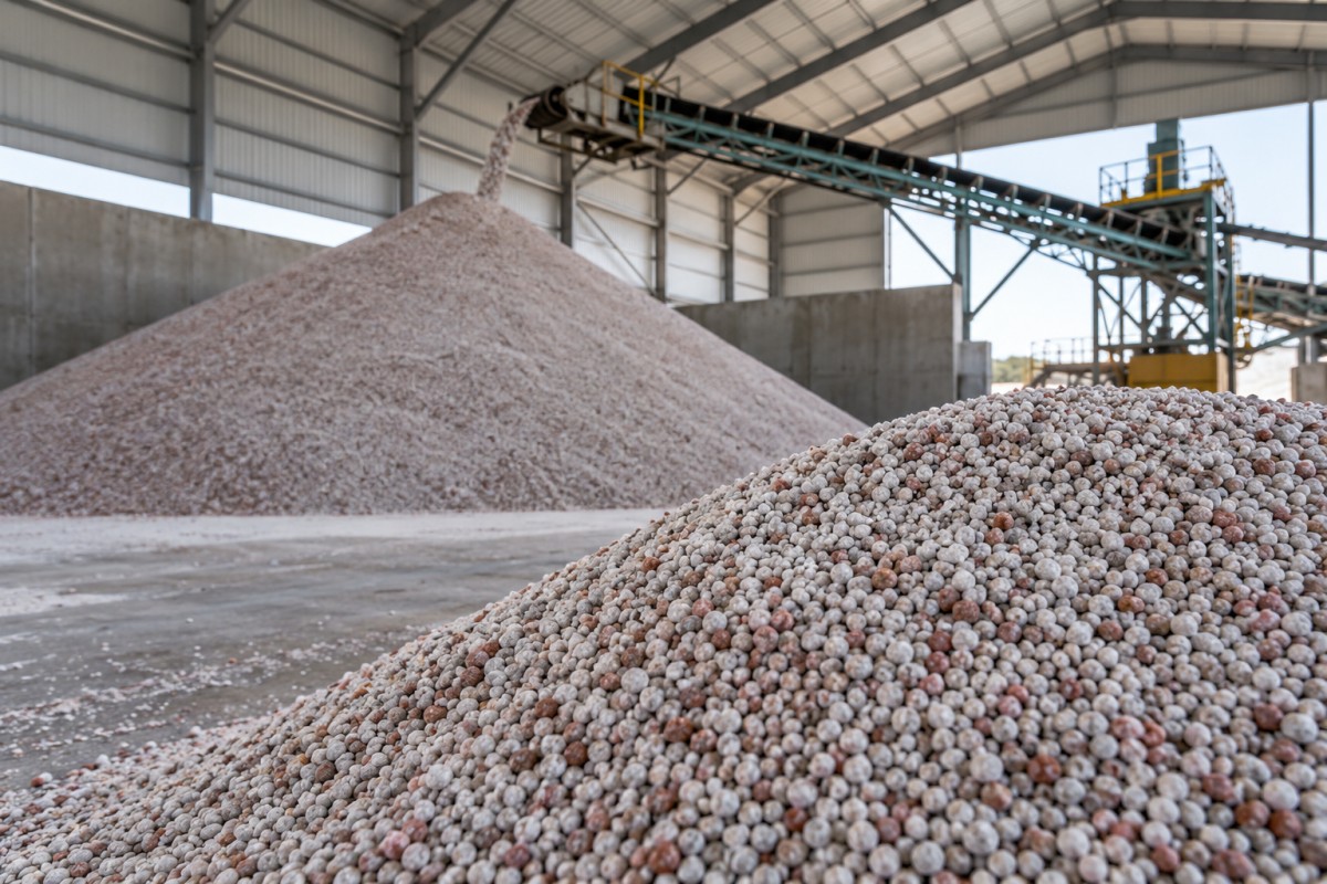 Fertiliser granules in industrial storage and handling