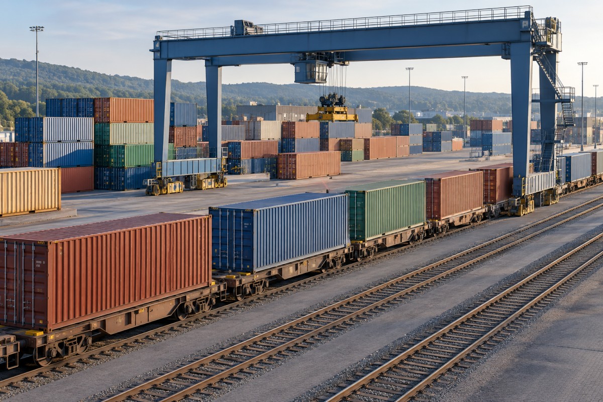 Containers and flatcars at a railway transfer yard