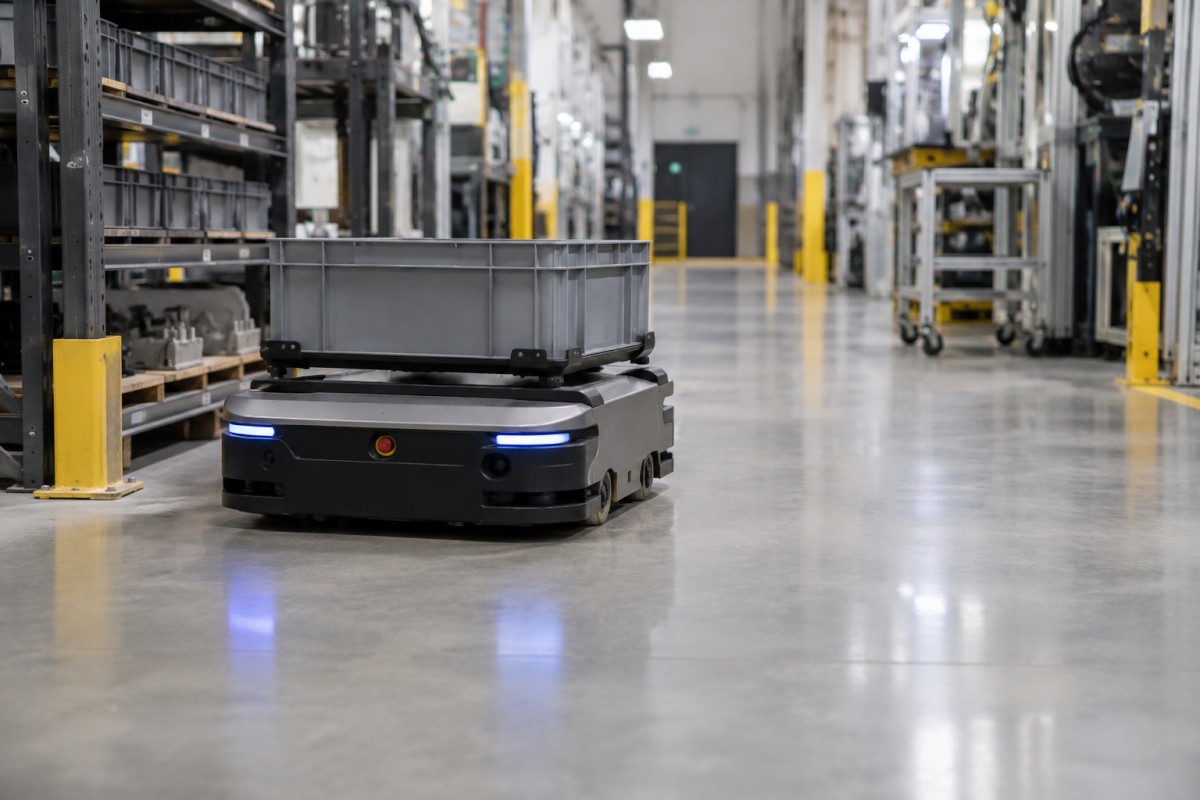 Mobile industrial robot carrying a factory parts tote