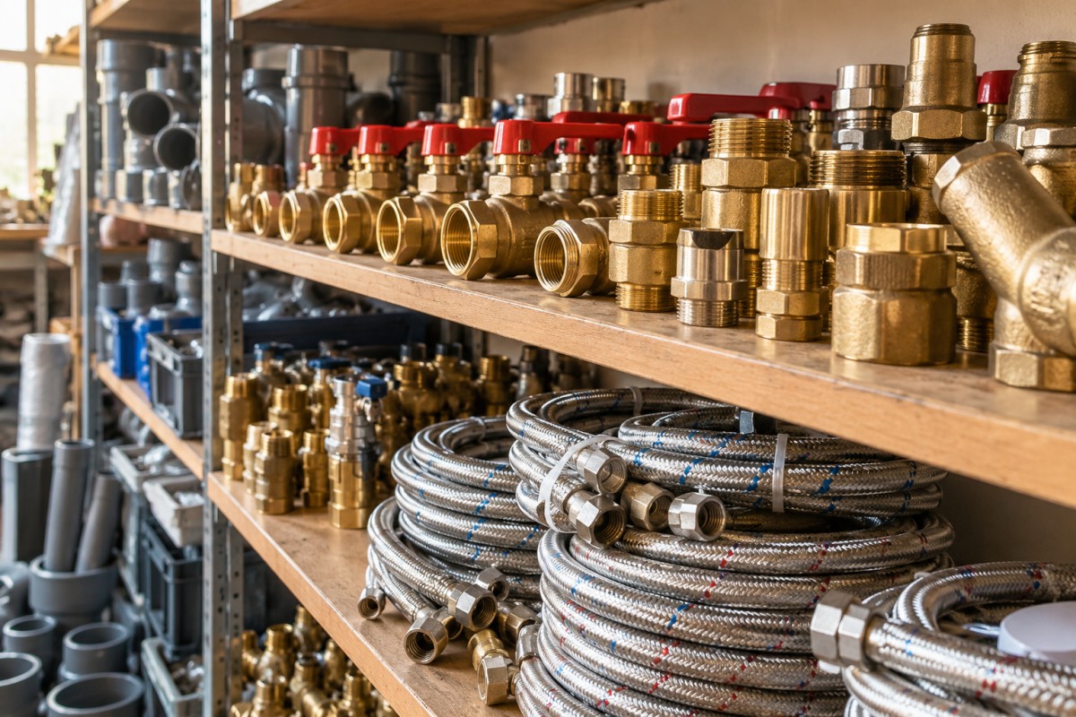 Plumbing components in a small-business stockroom