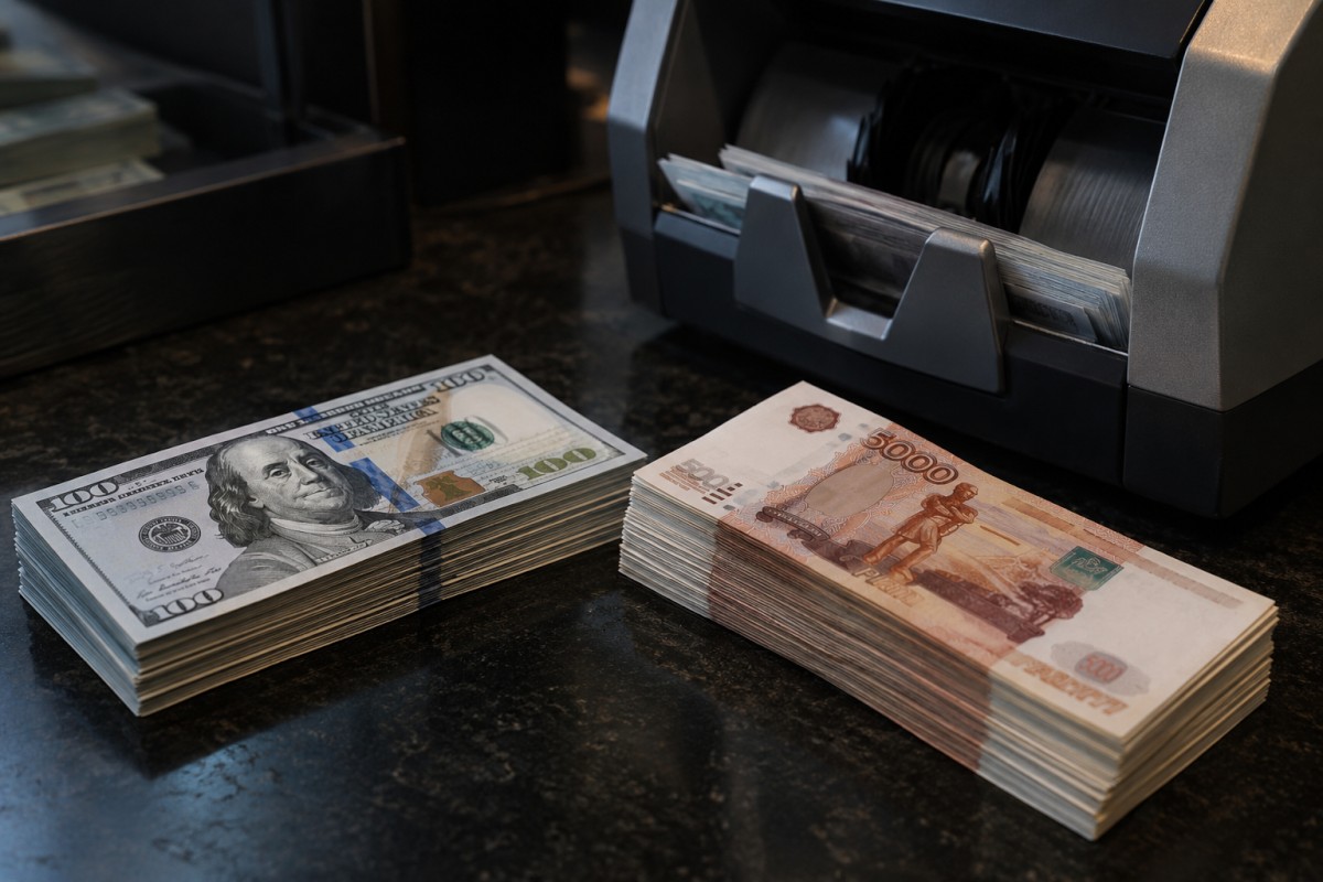 Currency banknotes beside financial counting equipment