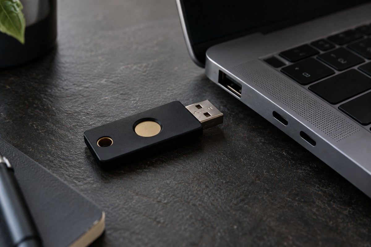 Hardware authentication device beside a laptop